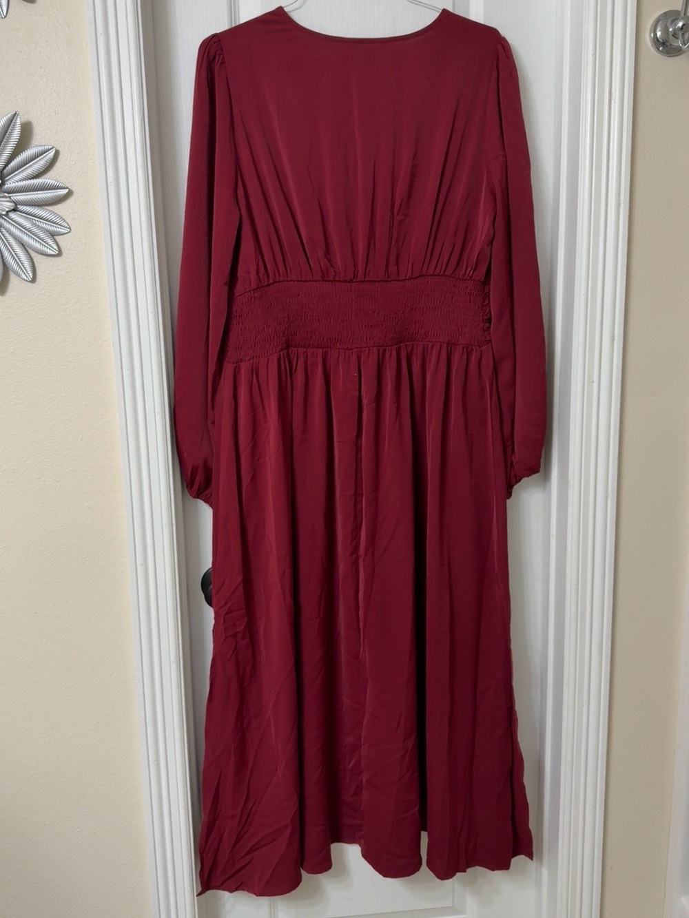 Dokotoo Wrap V-Neck Empire Waist Maxi Dress Lantern Sleeve Ruched Slit Red XL - Picture 8 of 8